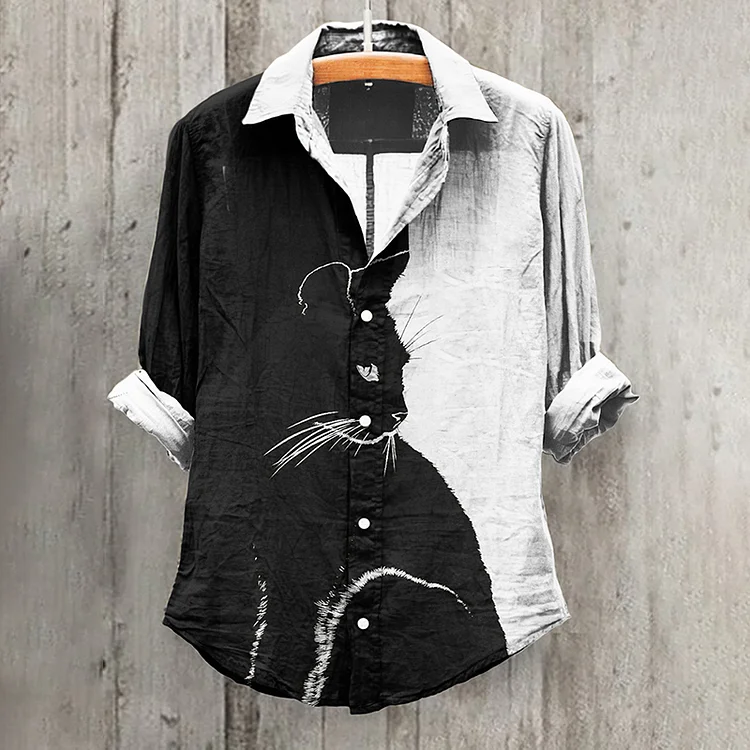 VChics Cat Print Lapel Long Sleeve Shirt