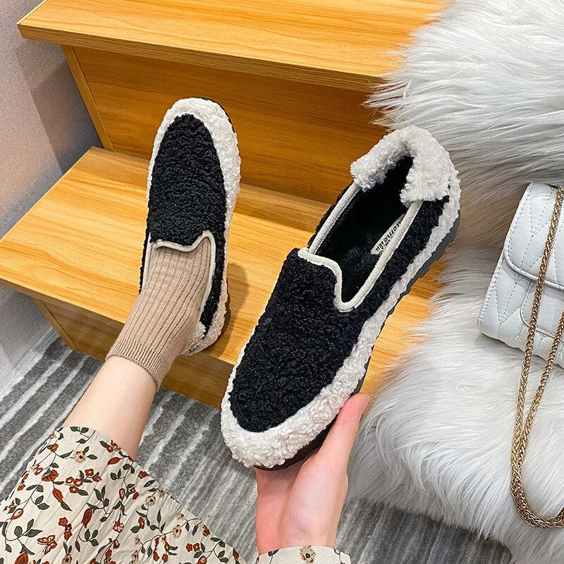mixed color lambfur flat shoes woman thicken padded warm plush winter loafers round toe anti-slip rubber flats furry espadrilles
