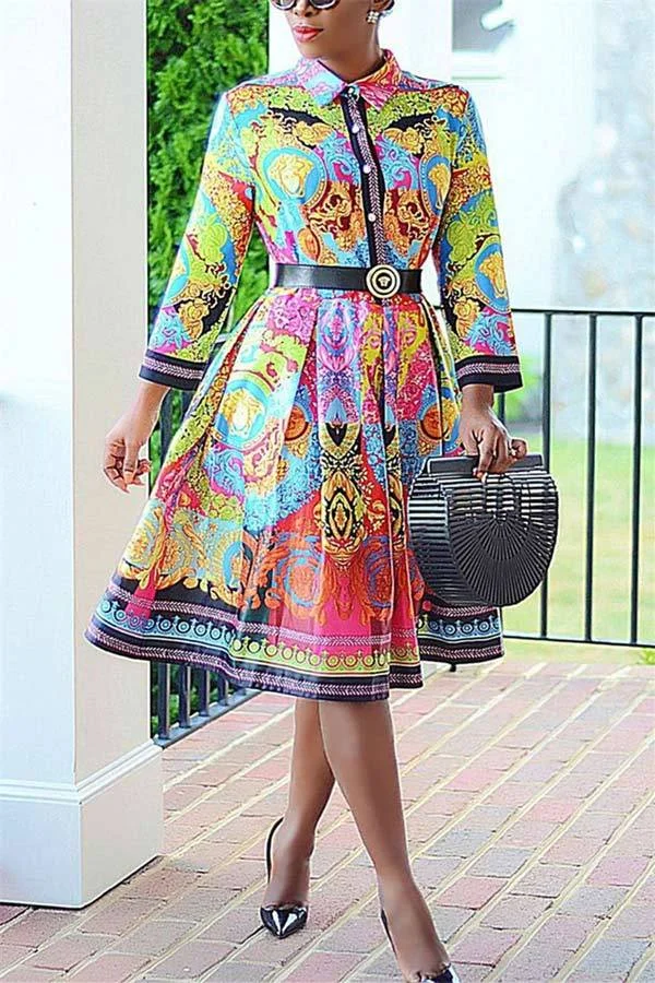 Fashion Knee Length Print Shirt Dress