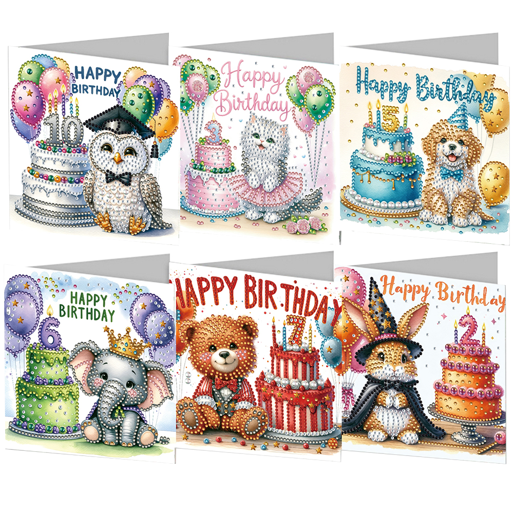 6pcs Birthday Animal Diamond Art Cards DIY Handmade Diamond Painting Gift Card