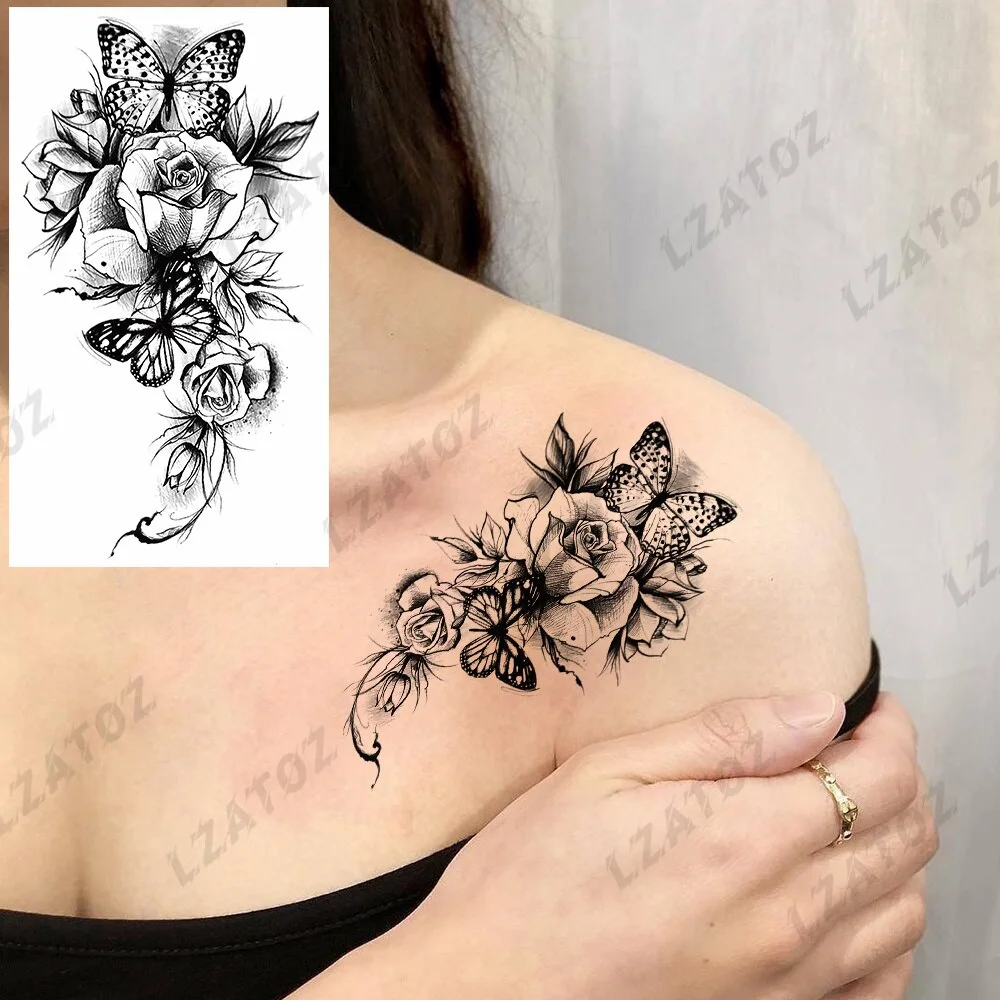Sdrawing Rose Flower Temporary Tattoos For Woman Adults Realistic Compass Cross Fake Tatoos Sexy Waterproof Hand Tattoo Sticker