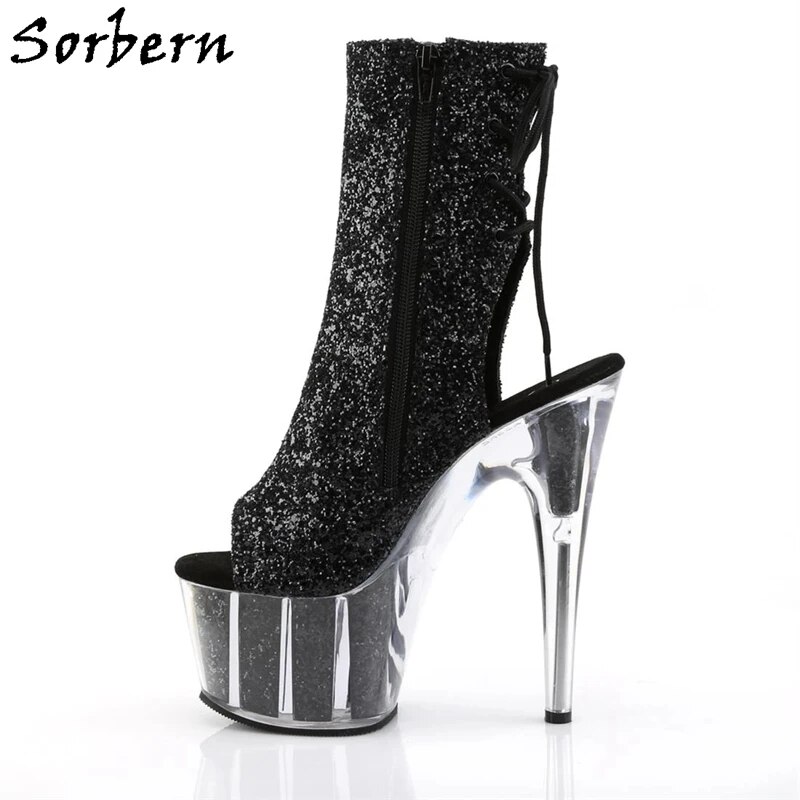 VCSHOES Black Sequins Glitter Women Boots Peep Toe Shoes Back 15Cm Extreme High Heel Platform Booties Stripper Heels