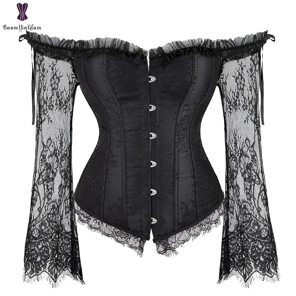 Billionm Floral Sleeves Women's Sexy Gothic Victorian Corset Vintage Lace Up Bustier Off Shoulder Corsets Overbust Top