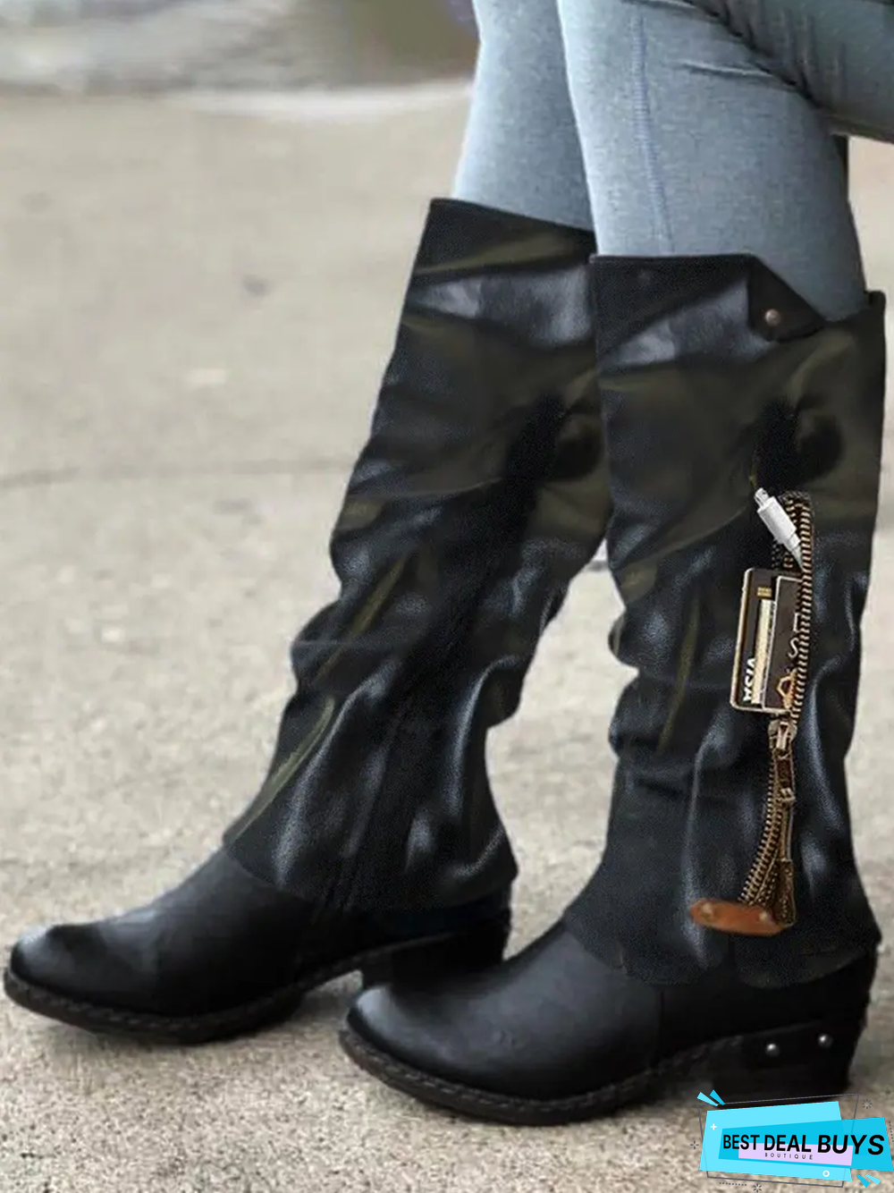 Vintage Casual Pleated Zip Riding Boots