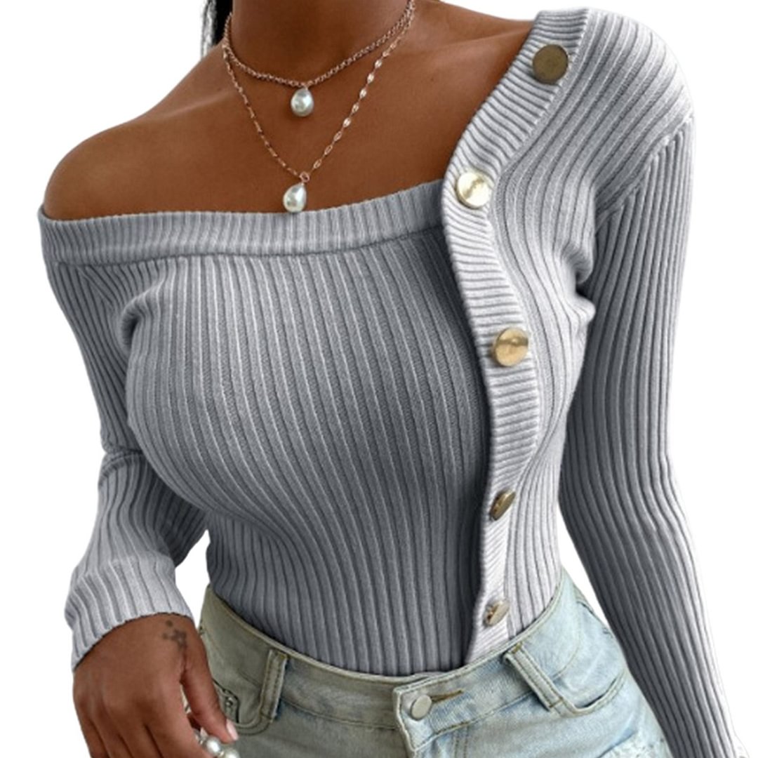 Fashion Women Autumn Blouse One Shoulder Ribbed Buttons Slim Knit Sweater