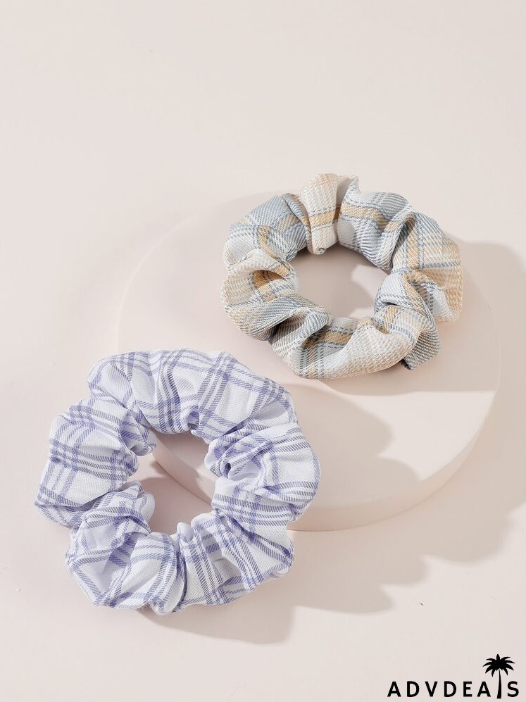 2pcs Plaid Print Pleated Scrunchie