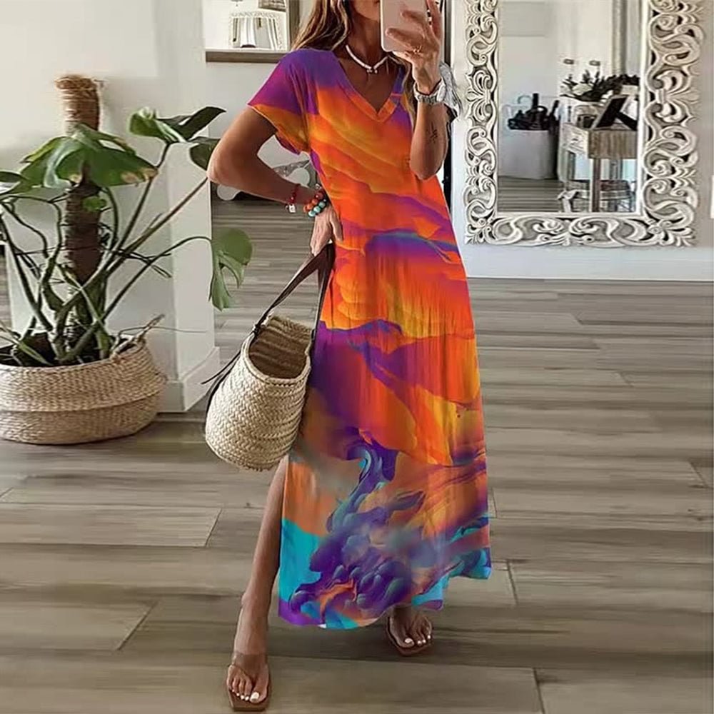 Showy Short Sleeve Print Maxi Dress