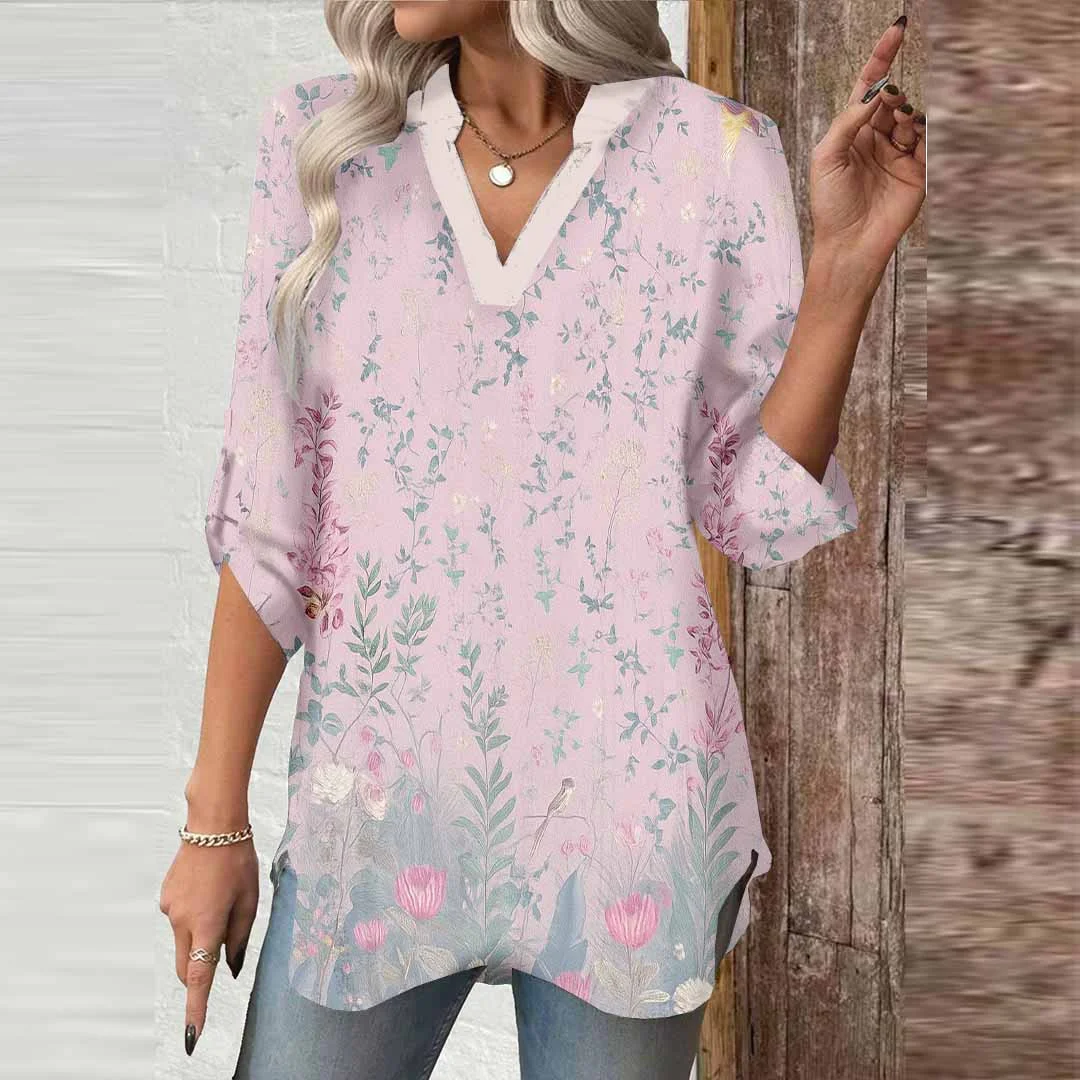 Women Floral, Pink, Green DZGA0607 3/4 Sleeve V-neck Printed Graphic Button Tops
