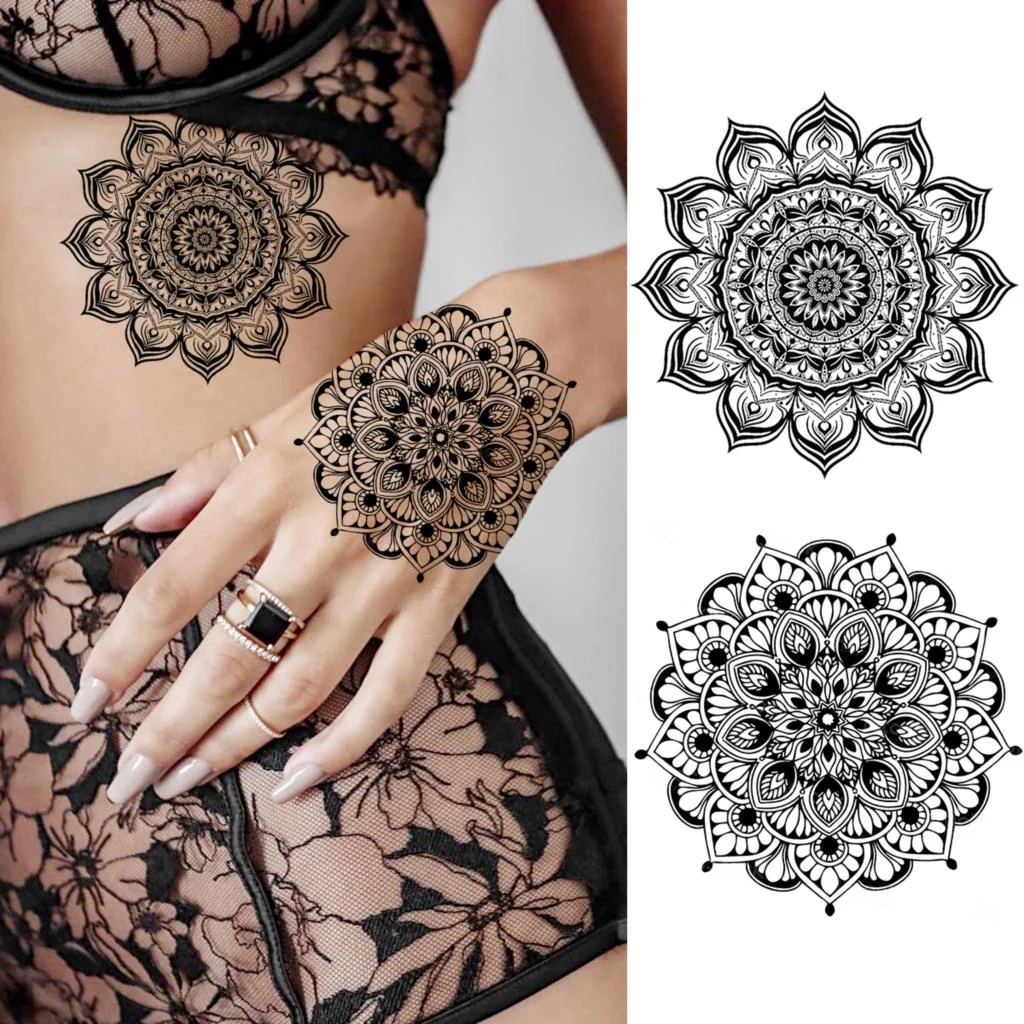Black Lotus Pendant Temporary Tattoos For Women Adult Rose Flower Jewelry Fake Tattoo Fashion Calf Waterproof Half Sleeve Tatoos