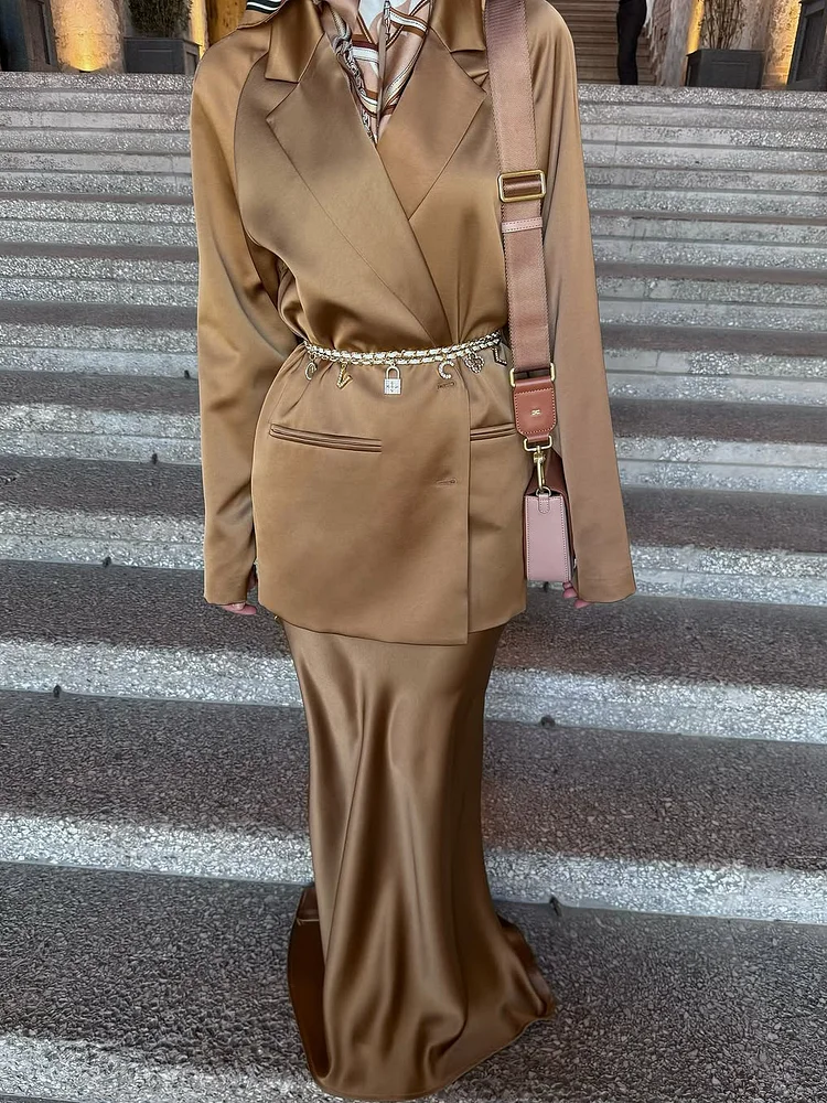 Chic Satin Blazer And Maxi Skirt Set