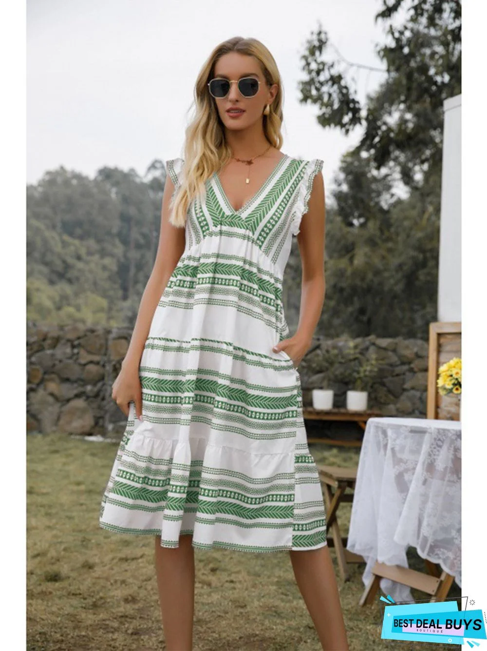 Bohemian V-Neck Pocket Striped Dress