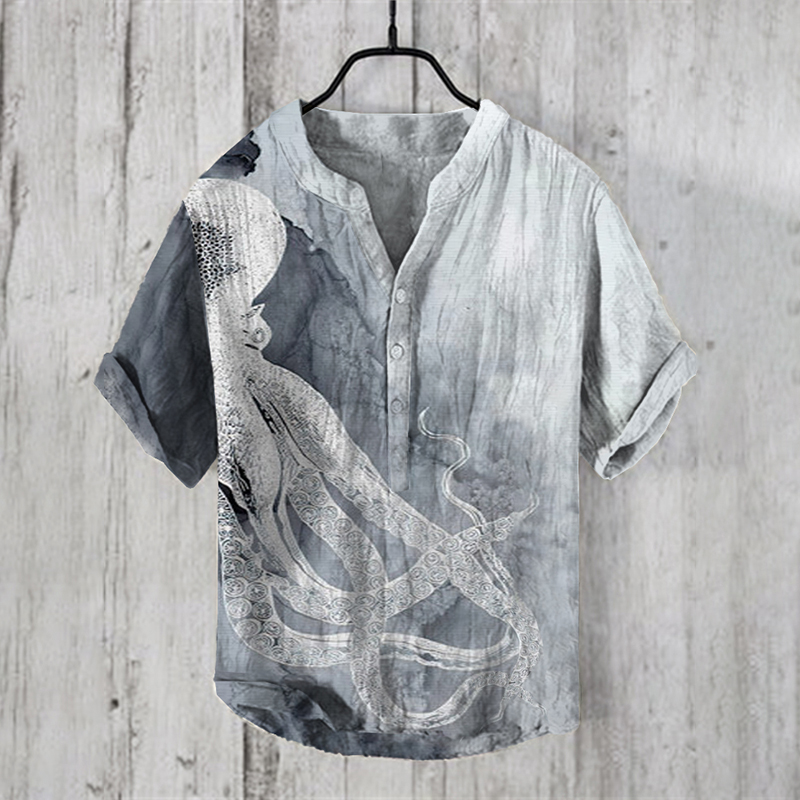 Comstylish Japanese Art Octopus Ink Gradient Print V-Neck Short Sleeved Shirt