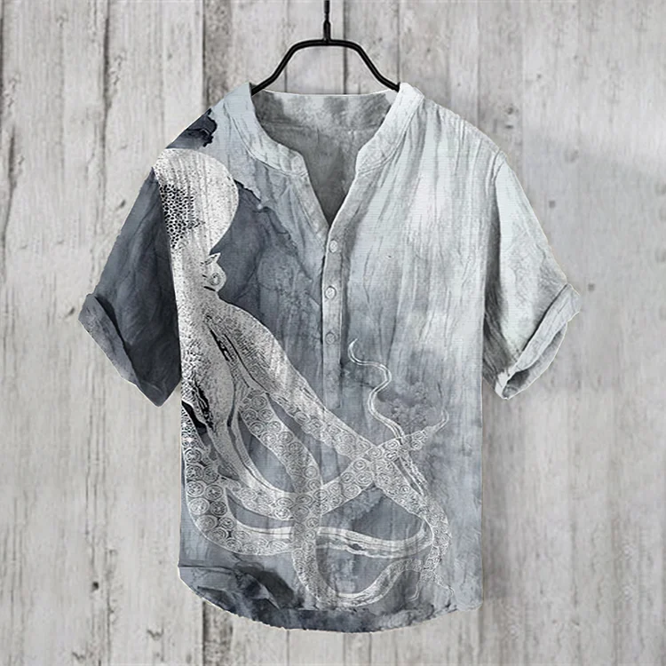 Japanese Art Octopus Ink Gradient Print V-Neck Short Sleeved Shirt