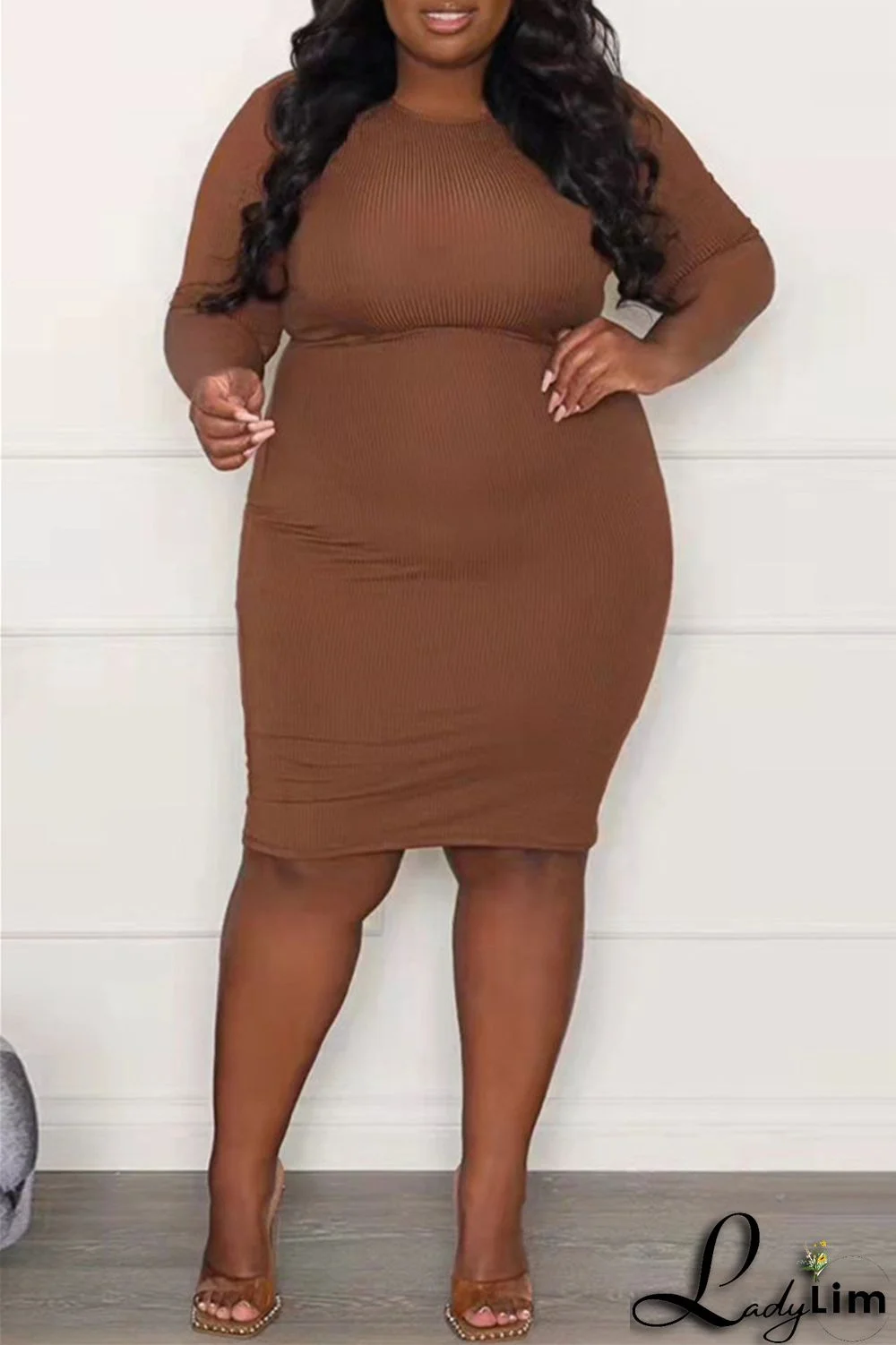 Brownness Fashion Casual Plus Size Solid Basic O Neck Short Sleeve Dress