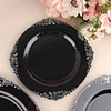 10 Pack | 8" Round Plastic Dessert Salad Plates In Vintage Black, Silver Leaf Embossed Baroque Disposable Plates