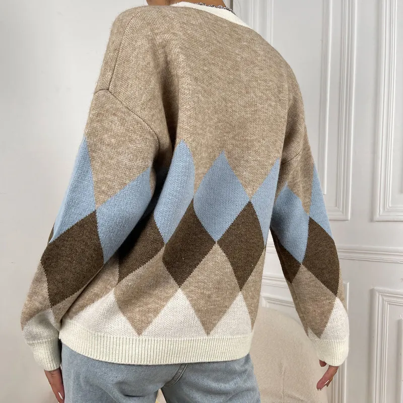 Color Block Argyle V Neck Button Knit Cardigan