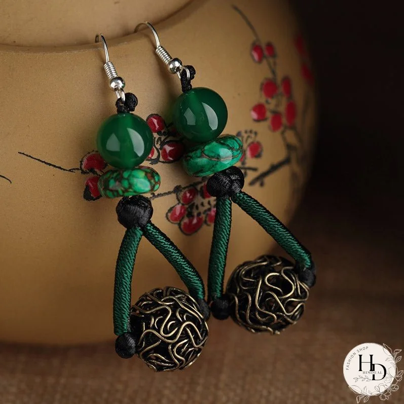 Ethnic style earrings green earrings women's vintage style sterling silver premium sense earrings