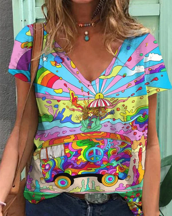 🔥kukelife🔥Hippie Art Print Short Sleeve T-Shirt