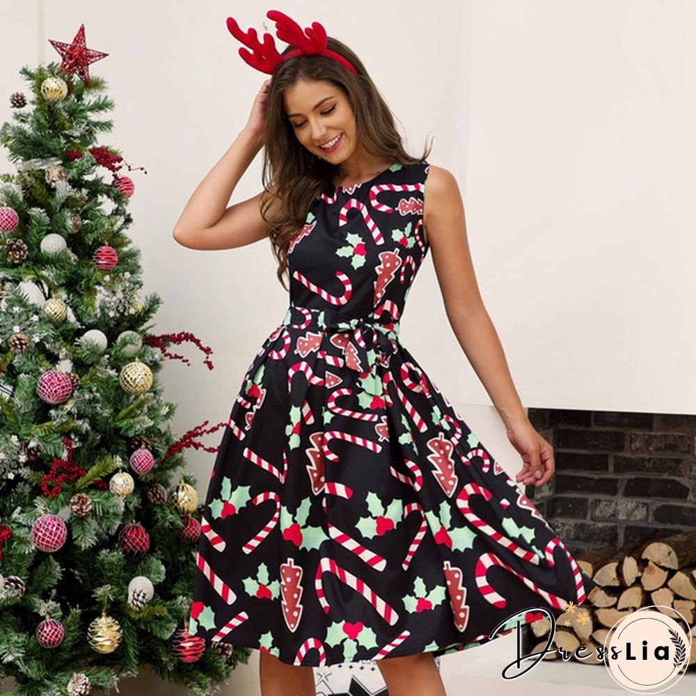 Womens Vintage Sleeveless Santa Christmas 1950s Retro Xmas Evening Prom Swing Dress