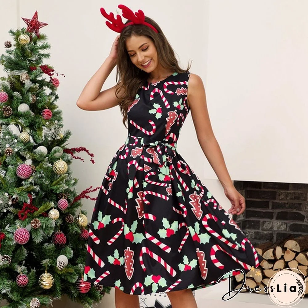 Womens Vintage Sleeveless Santa Christmas 1950s Retro Xmas Evening Prom Swing Dress