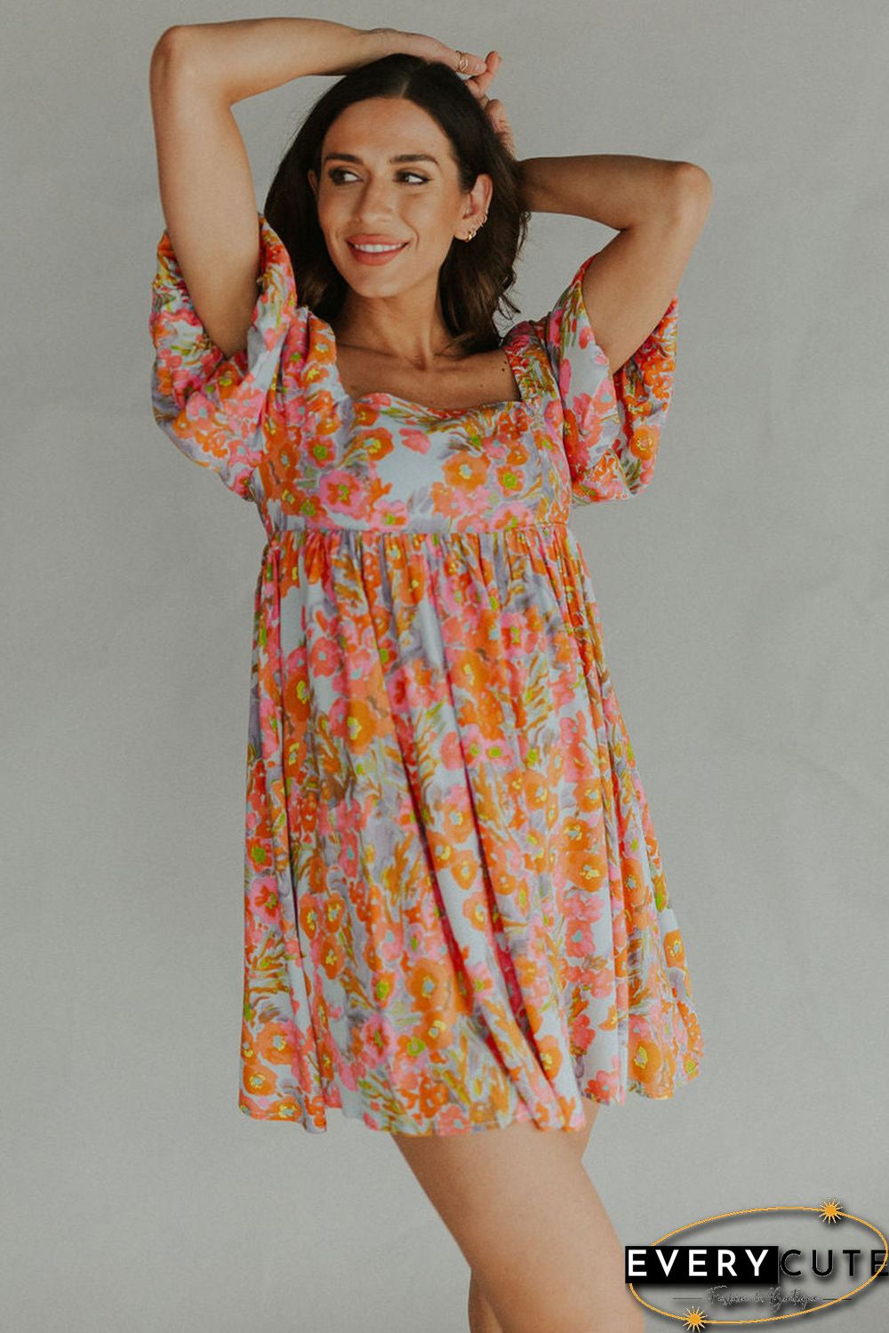 Orange High Waist Square Neck Puff Sleeve Floral Dress