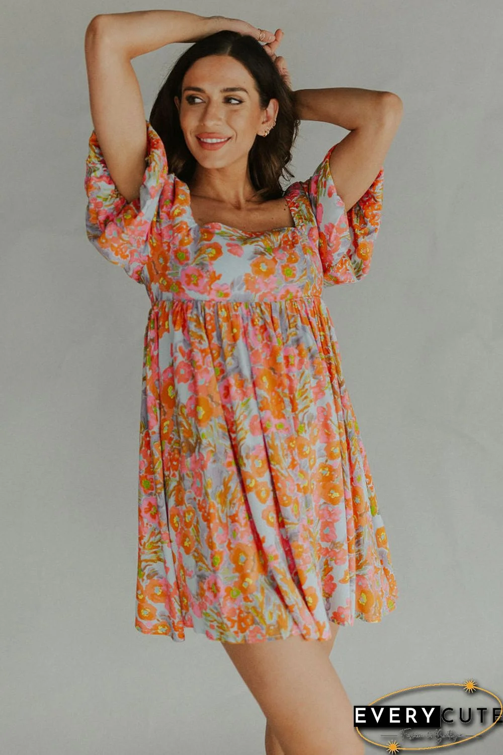 Orange High Waist Square Neck Puff Sleeve Floral Dress