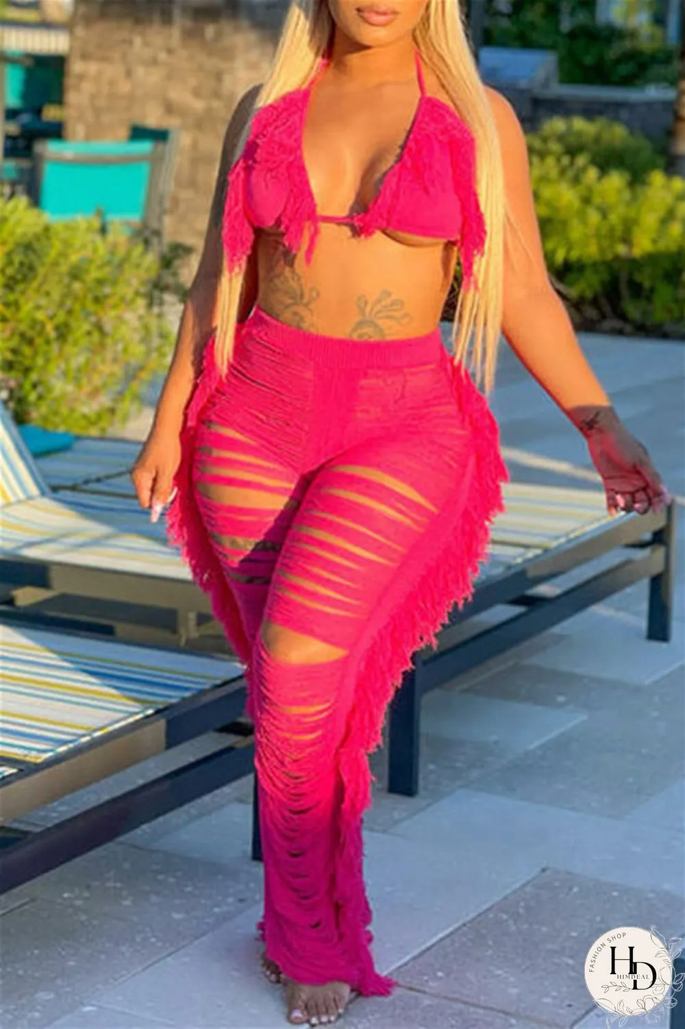 Rose Red Fashion Sexy Solid Bandage Patchwork Backless Halter Sleeveless Two Pieces