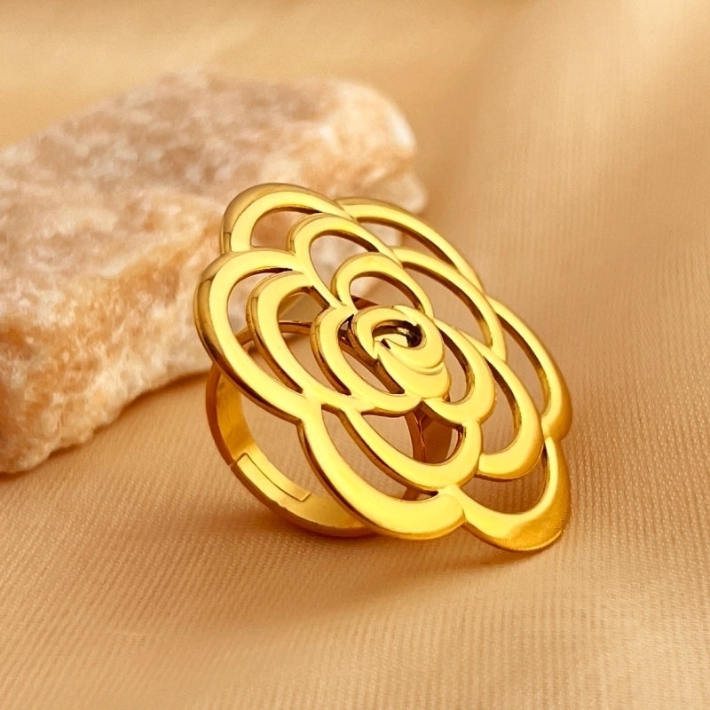 Casual Retro Minimalist Flower 201 Stainless Steel 18K Gold Plated Hollow Out Adjustable Ring