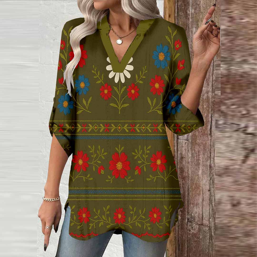 Women Retro,Black,Gold DZGA0327 3/4 Sleeve V-neck Printed Graphic Button Tops