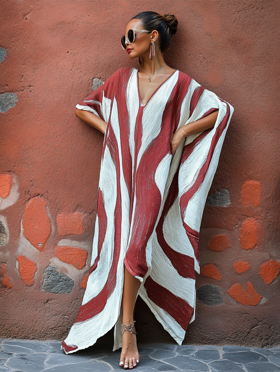 Women's Paintbrush Symphony Art Red Linen V-Neck Long Gown