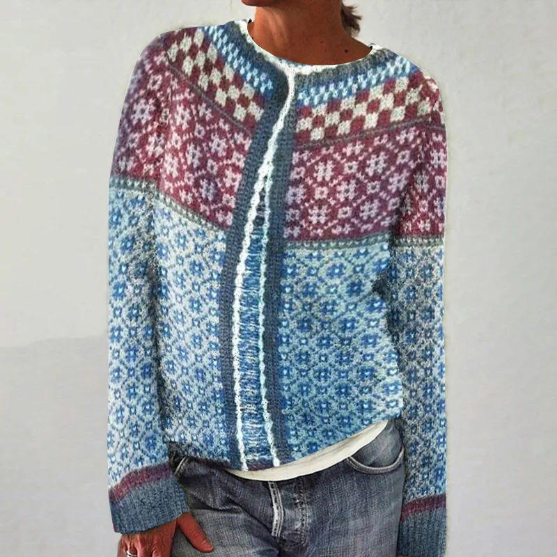 Retro Geometric Contrast Wool Crew Neck Sweater