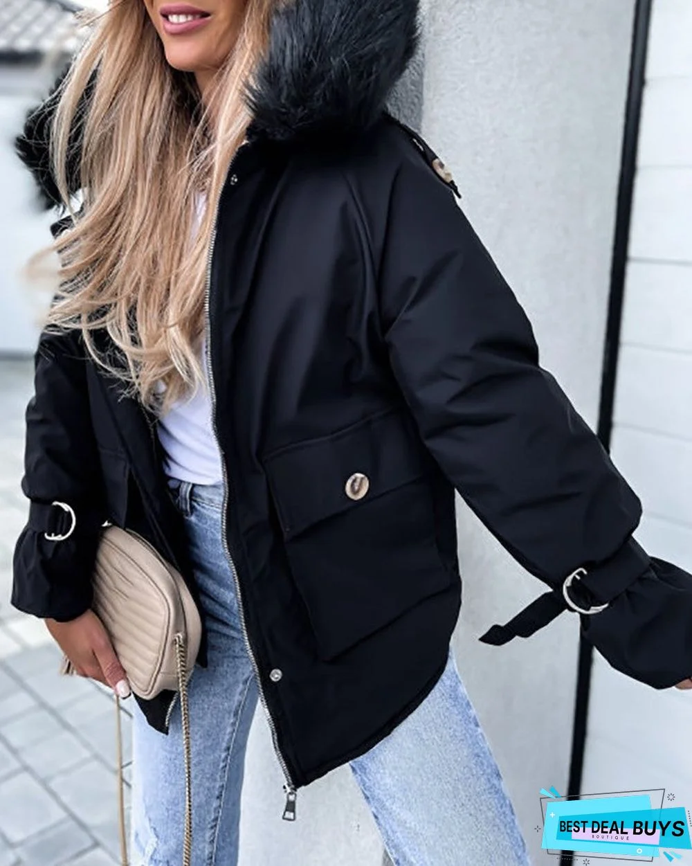 Faux Fur Patch Pocket Zipper Design Hooded Parker Coat