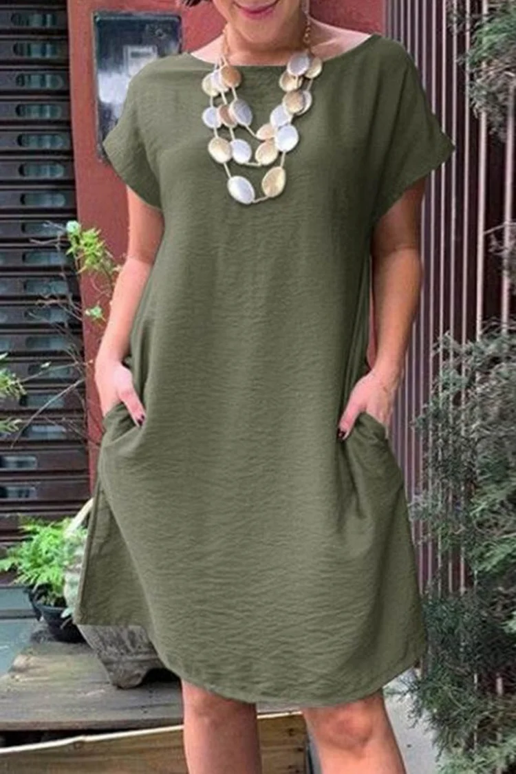 Side Pocket Round Neck Solid Color Short Sleeve Linen Midi Dresses