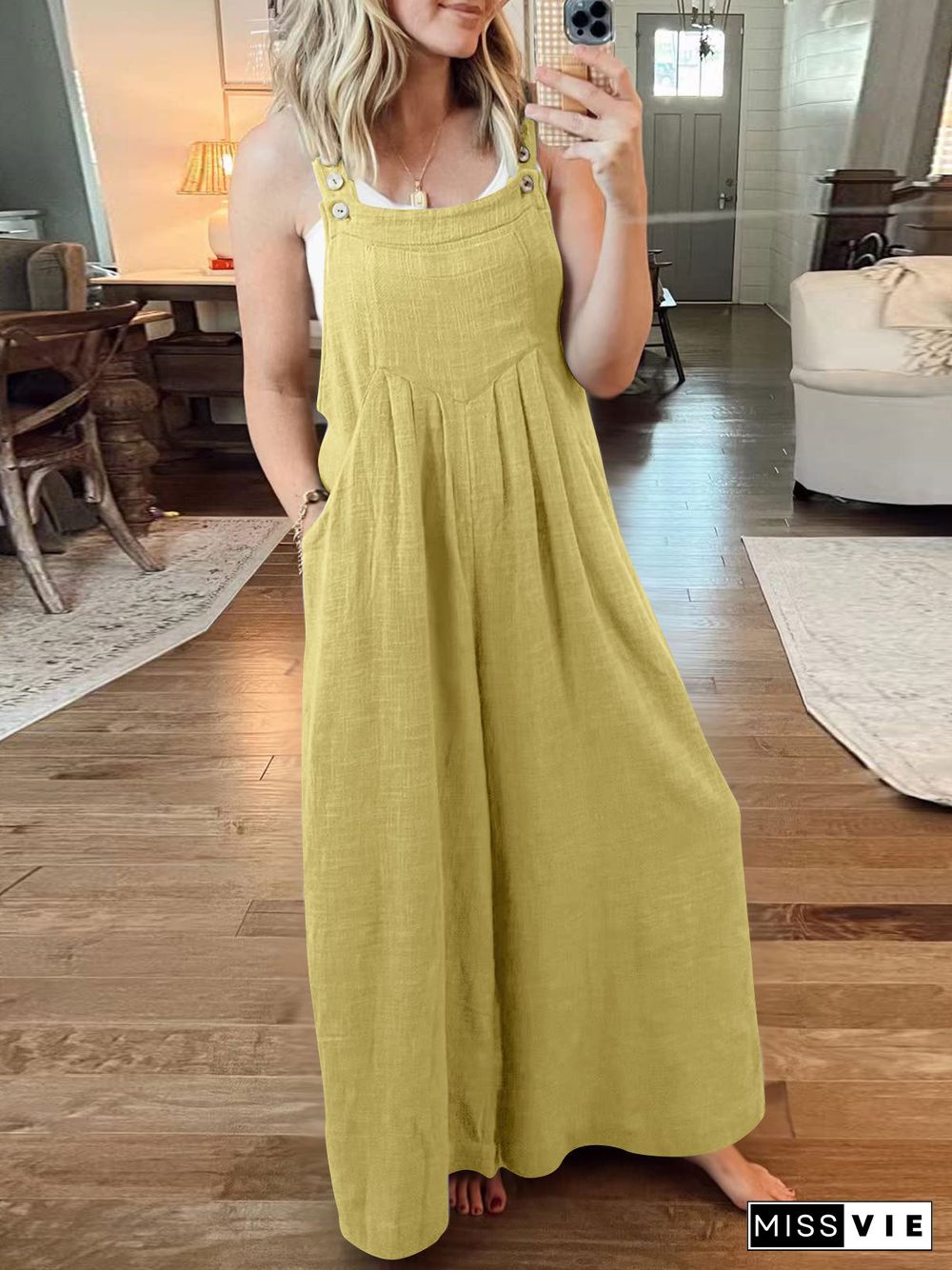 Women's Cotton Linen Sleeveless U-neck Colorful Solid Color Overalls Jumpsuit