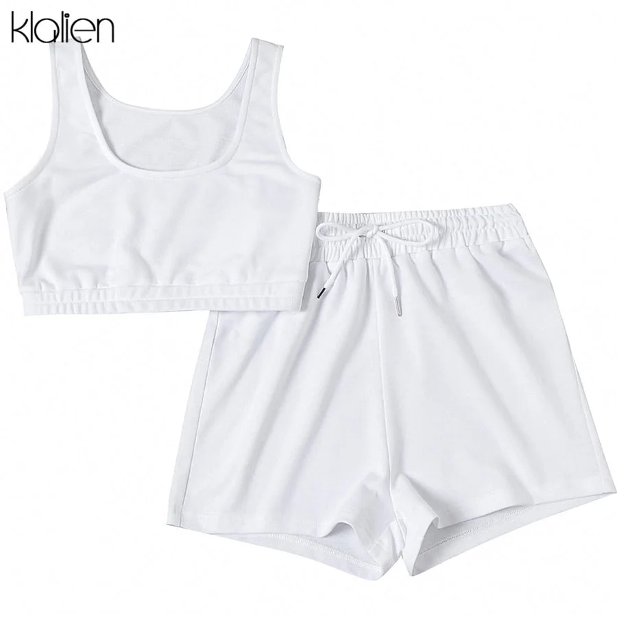 KLALIEN Fashion Casual Soft Cotton Stretch Slim Women Two Piece Set Summer Simple Solid Club Street Home Wear Top and Shorts Set