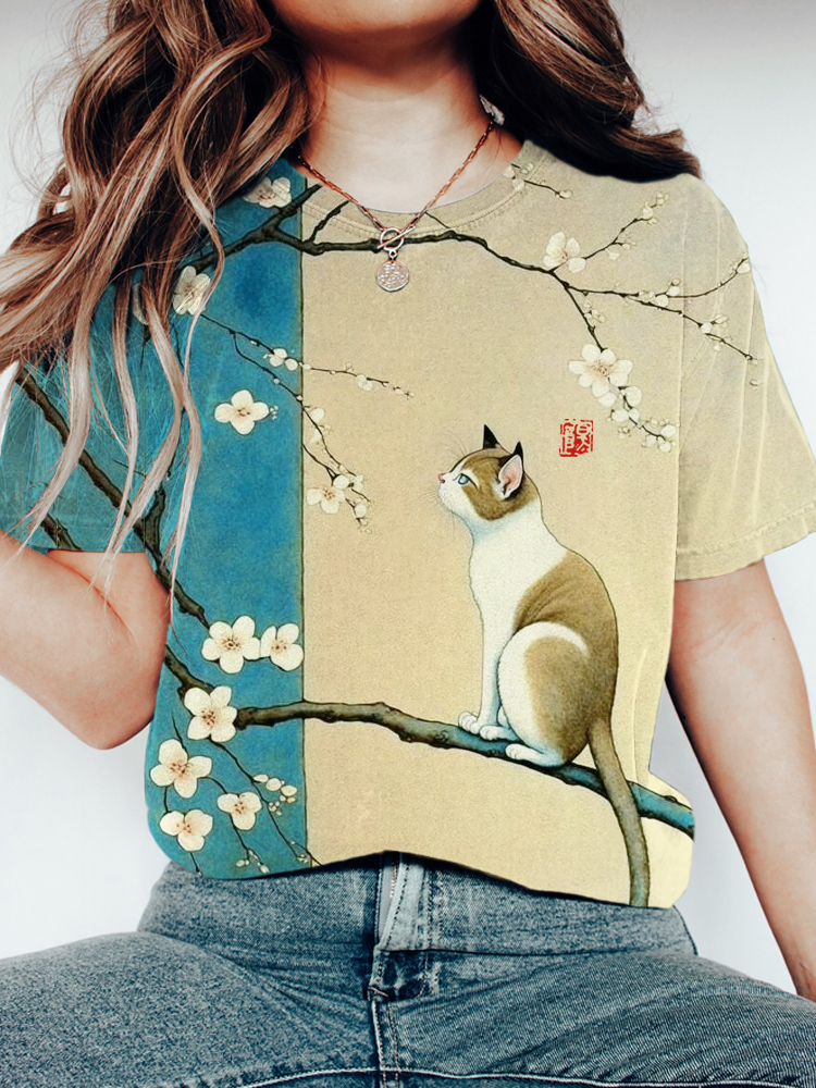 Comstylish Cat & Flower Japanese Art Short Sleeve T-Shirt