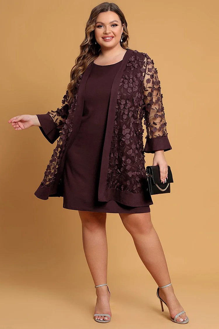 Flycurvy Plus Size Mother Of The Bride Wine Red Midi Dress Two Pieces Set FlyCurvy Flycurvy [product_label]