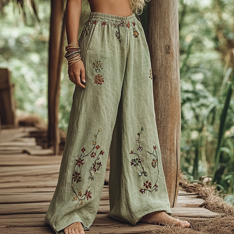 Utbros Bohemian Holiday Style Linen Bohemian Leaf Ethnic Totem Print Linen Long Loose Wide-leg Pants
