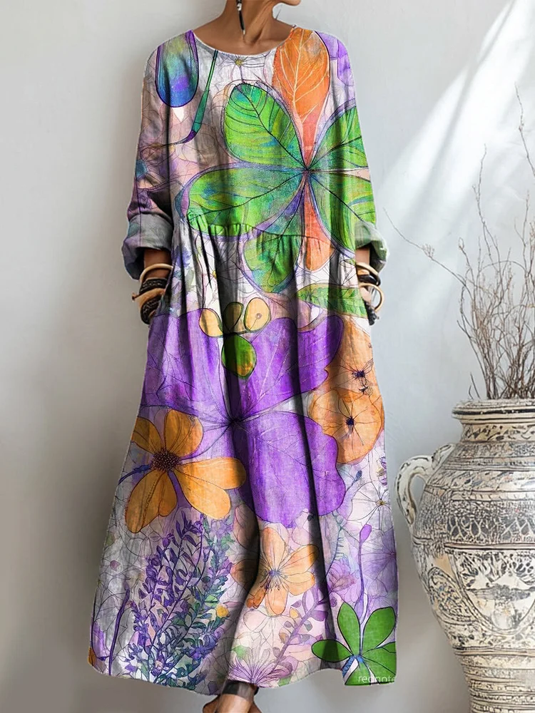 Women's Beautiful Colorful Abstract Floral Painting Art Print Pocket Cotton Dress