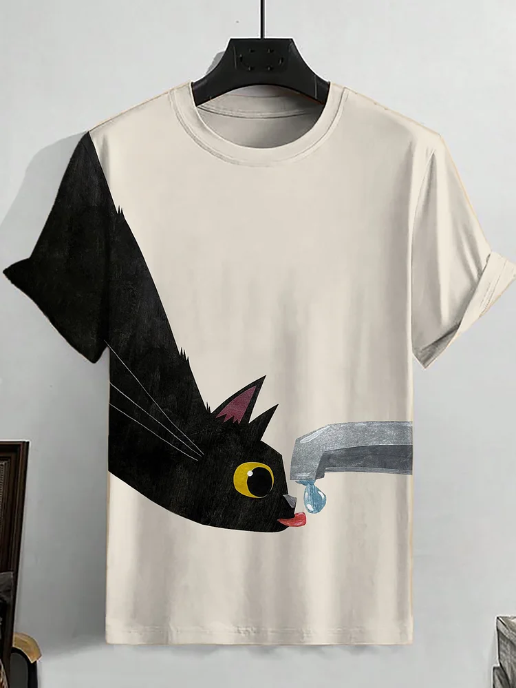 Men's Black Cat Drinking Graphic Print Casual T-Shirt