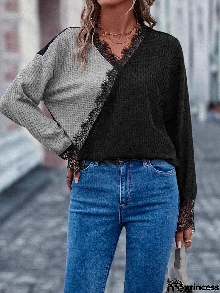 Bohemia Loose Contrast Color Lace-Up V-Neck Sweater Tops