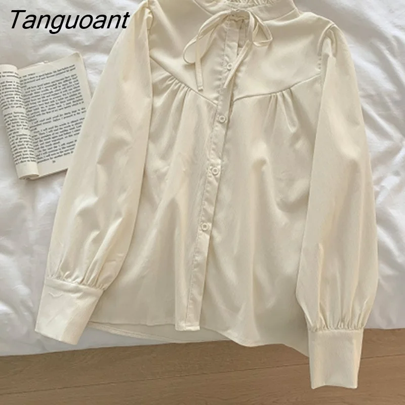 Tanguoant Lace-Up Kawaii Shirt Women New In Korean Preppy Style Button Up Elegant Blouse Mujer De Moda Loose Top Japanese Clothing
