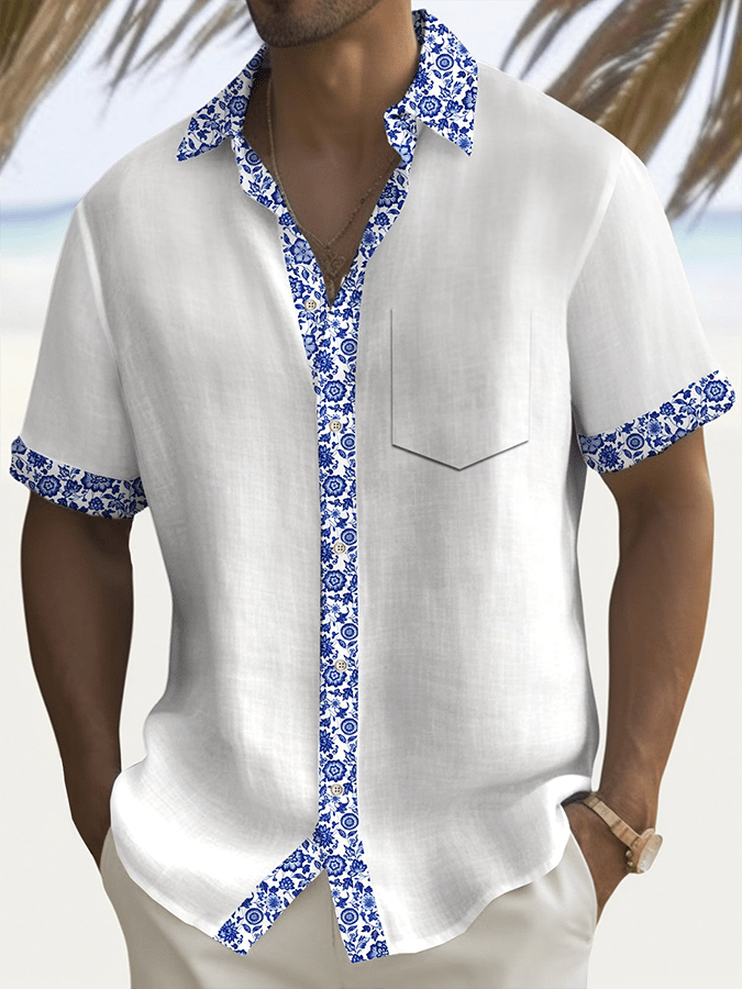 Men's Retro Contrast Floral Print Casual Shirt (With Pockets) 