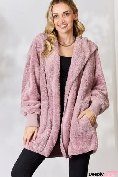 H&T Faux Fur Open Front Hooded Jacket