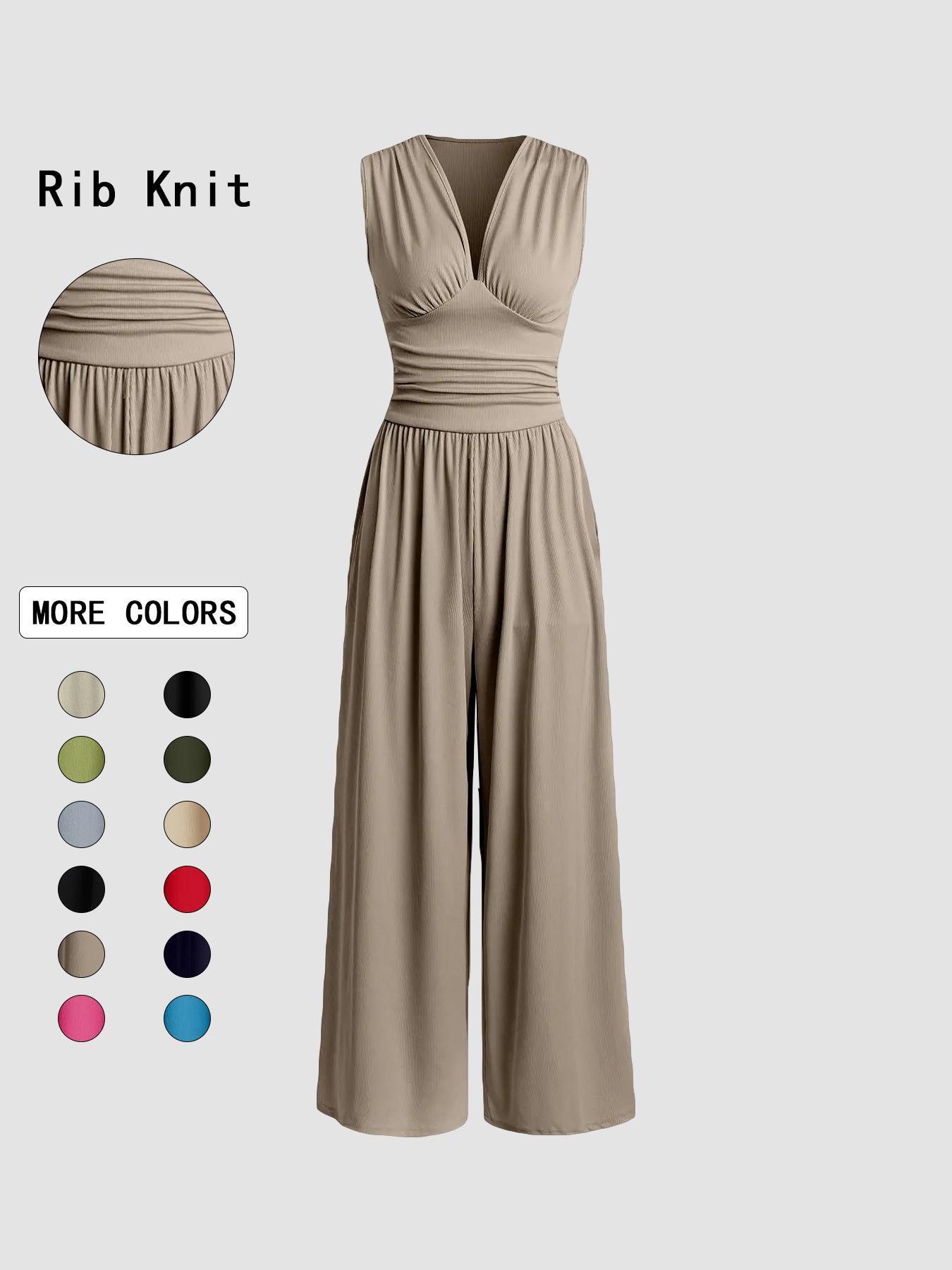 Women's Plain Ruched Deep V Neck Wide Leg Jumpsuit, Sleeveless Ribbed Jumpsuit for Daily Wear, Ladies Clothes for All Seasons, Casual Basic Jumpsuit, Casual Jumpsuits