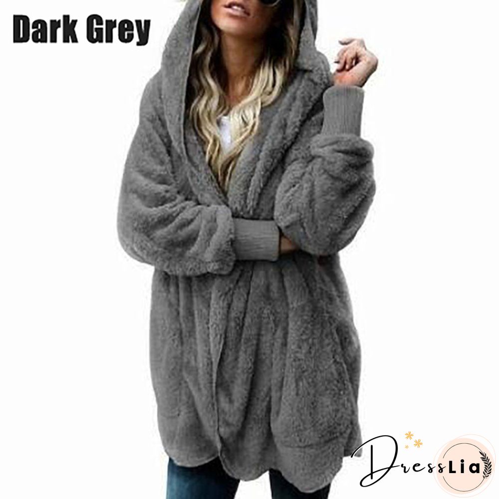 New Women’s Fashion Winter Warm Outwear Solid Color Long Sleeve Sweaters Hoodies Coats Loose Plush Cardigan Coat