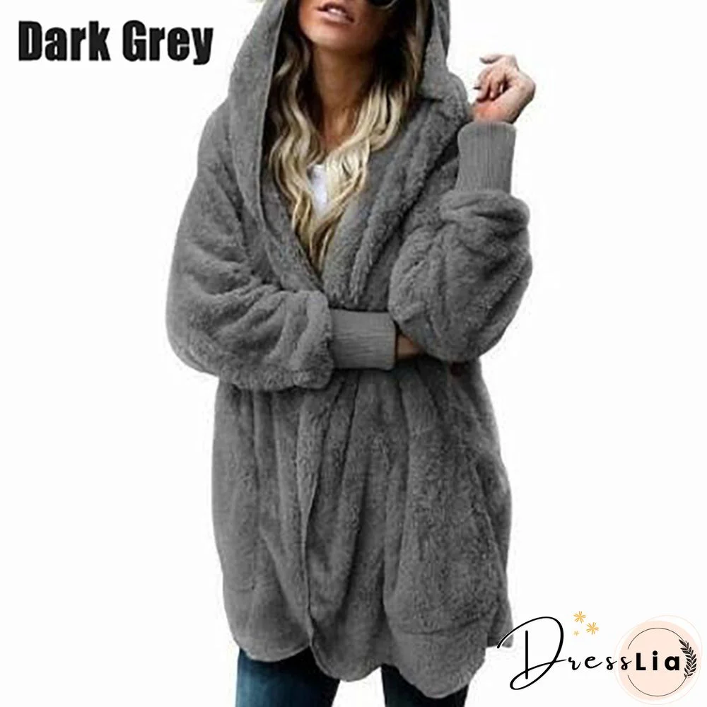 New Women’s Fashion Winter Warm Outwear Solid Color Long Sleeve Sweaters Hoodies Coats Loose Plush Cardigan Coat