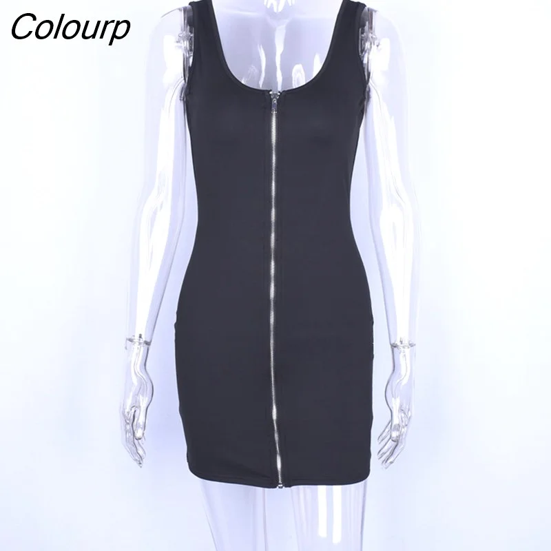 Colourp backless bodycon front zipper mini dress 2023 summer autumn women sexy sleeveless balck solid party zip dresses