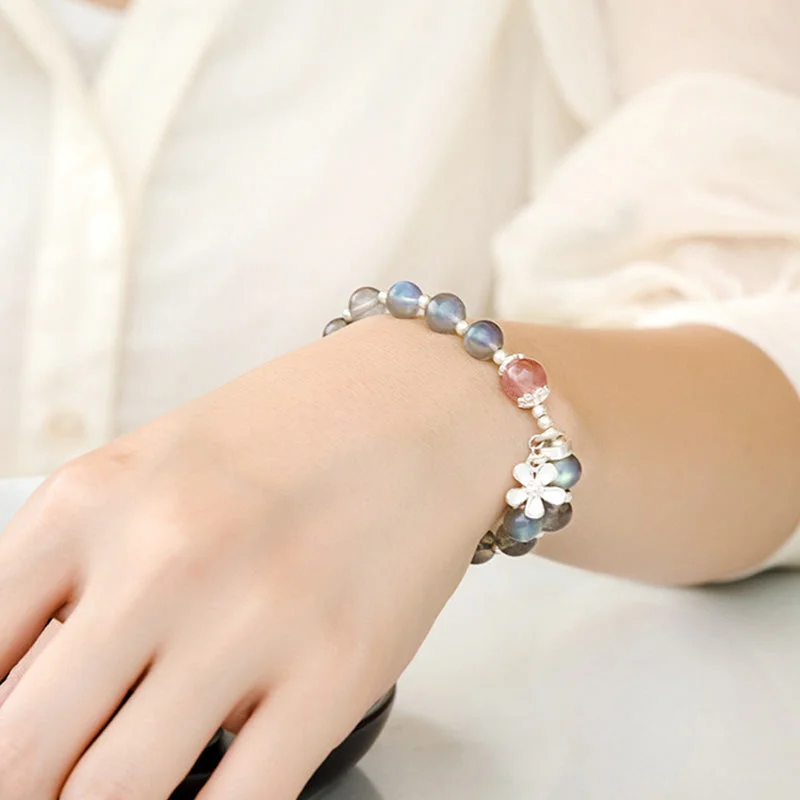 Moonstone Strawberry Quartz Flower Charm Bracelet