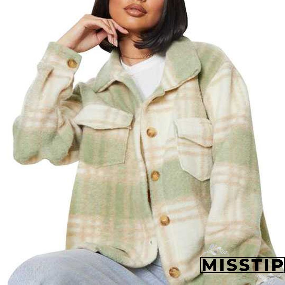 Classic Thick Colorblock Checked Button Down Shirt Jacket Woolen